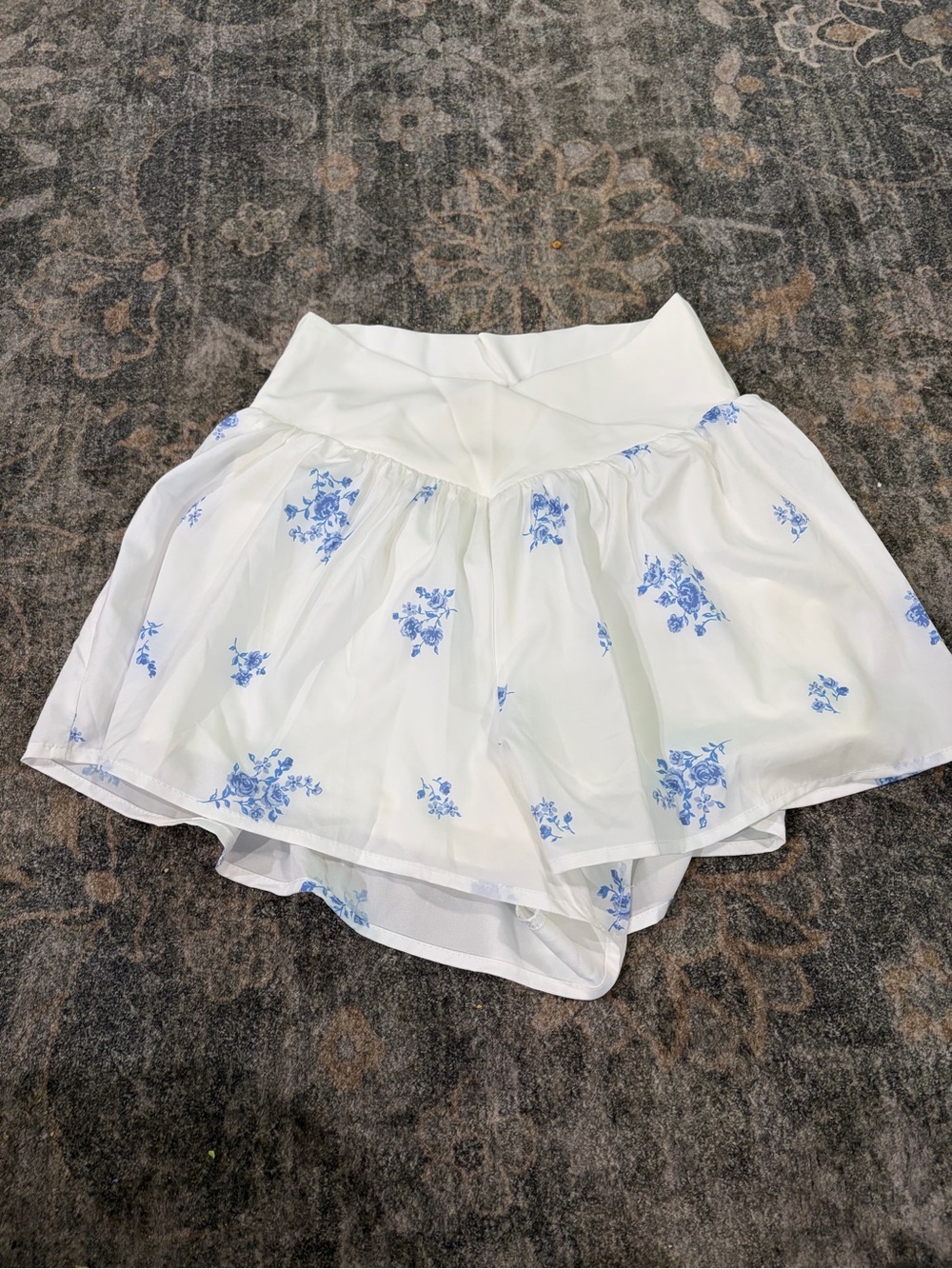 White Floral Skater Shorts with Blue Print - Women's Circle Skort